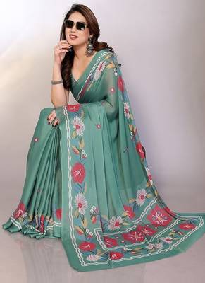 teal printed hand batik chiffon, georgette saree  with blouse 4