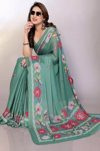 teal printed hand batik chiffon, georgette saree  with blouse