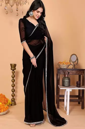 black wedding party & festive georgette solid/plain saree with blouse