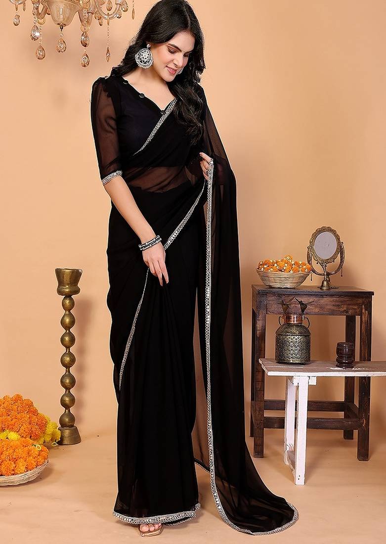 black wedding party & festive georgette solid/plain saree with blouse