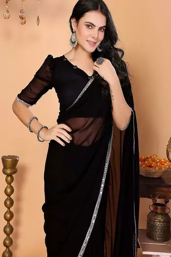 black wedding party & festive georgette solid/plain saree with blouse