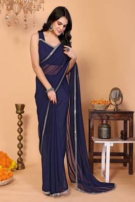 blue wedding party & festive georgette solid/plain saree with blouse 1