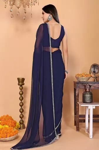 blue wedding party & festive georgette solid/plain saree with blouse