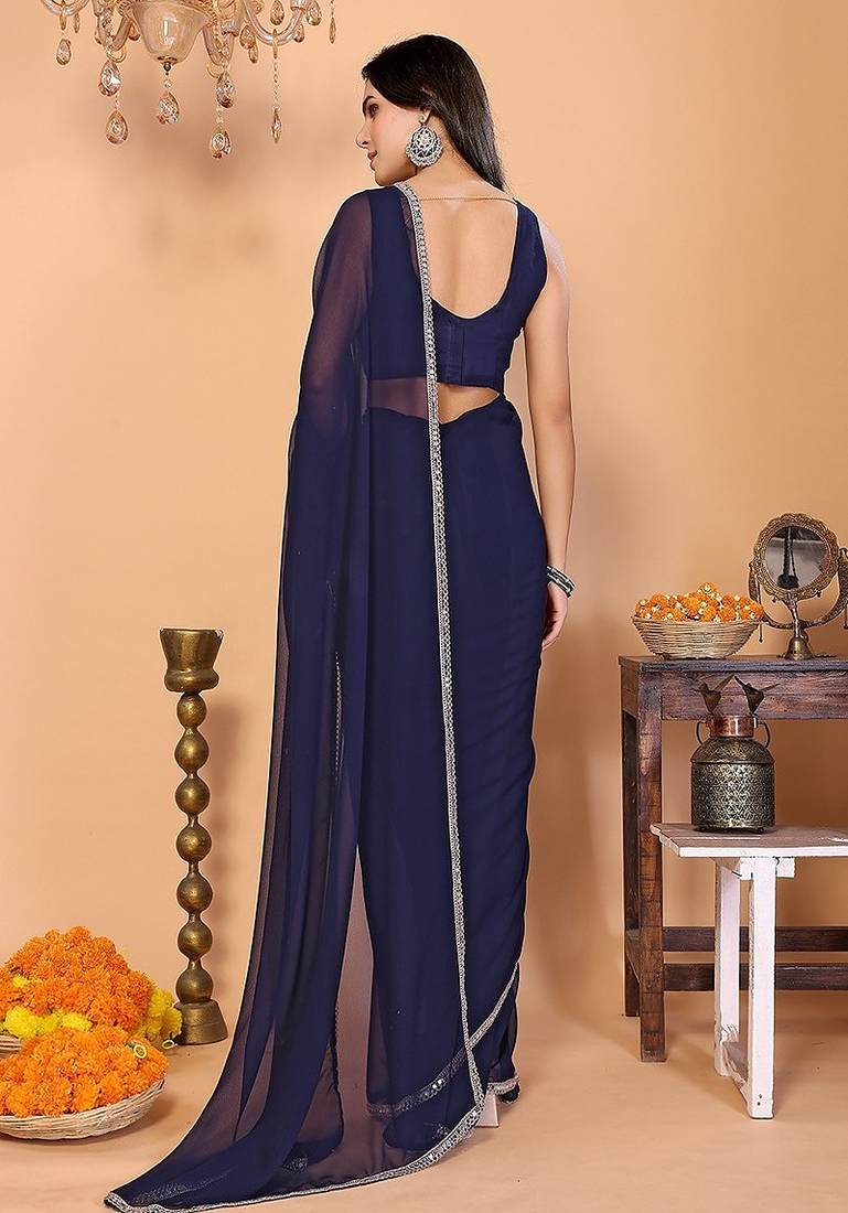 blue wedding party & festive georgette solid/plain saree with blouse