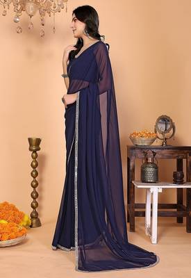blue wedding party & festive georgette solid/plain saree with blouse 3