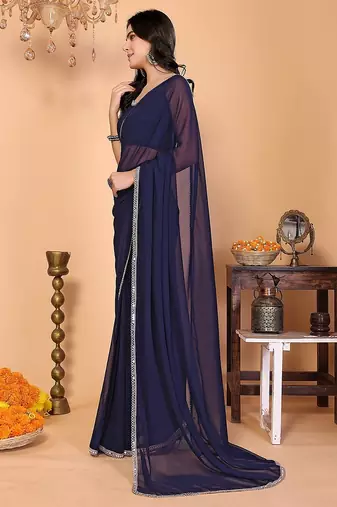 blue wedding party & festive georgette solid/plain saree with blouse