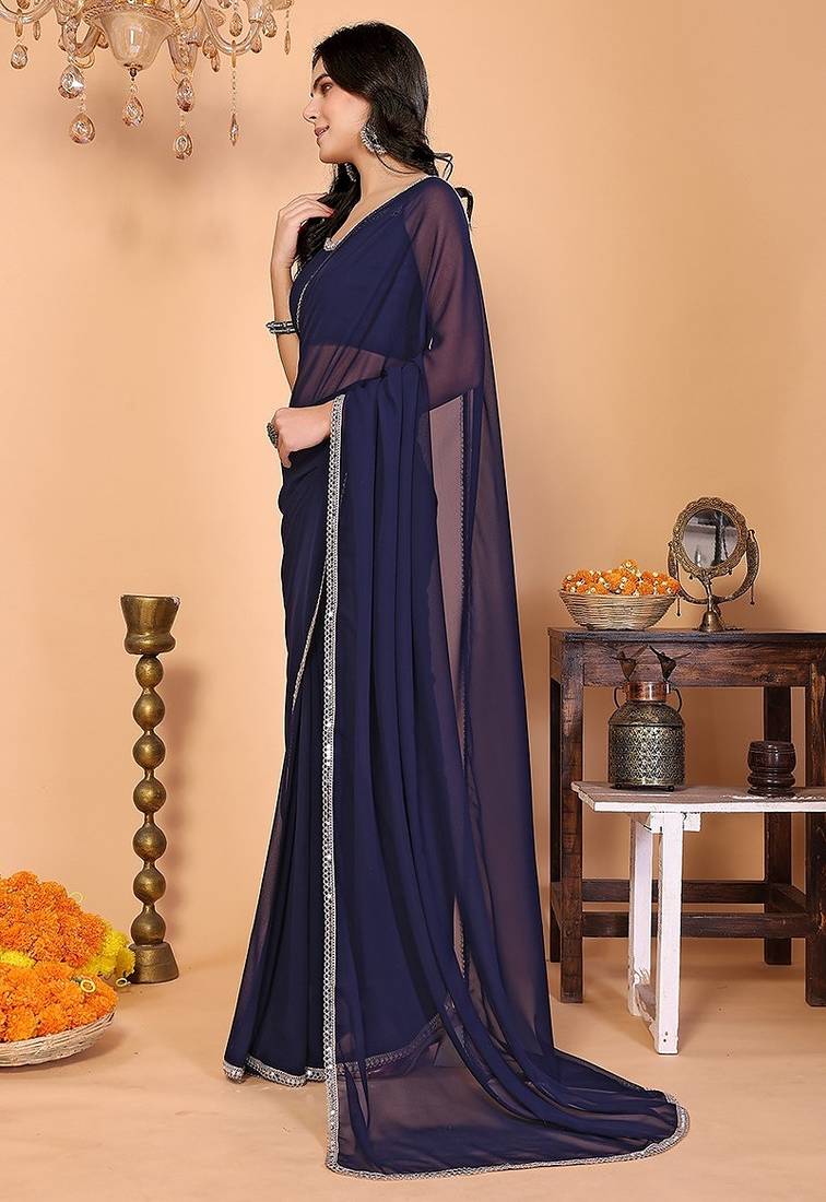 blue wedding party & festive georgette solid/plain saree with blouse