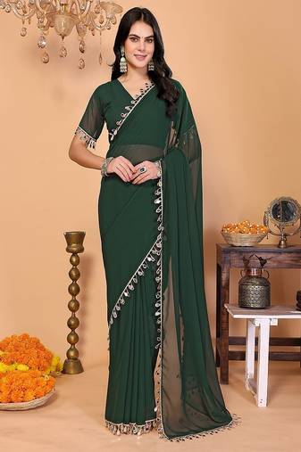 green wedding party & festive georgette embellished saree with blouse