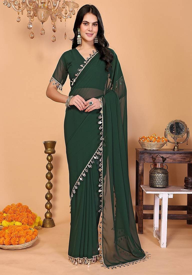 green wedding party & festive georgette embellished saree with blouse