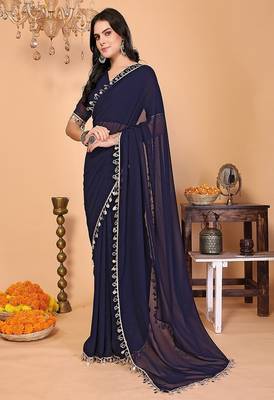 blue wedding party & festive georgette embellished saree with blouse 1