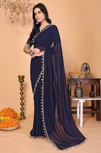 blue wedding party & festive georgette embellished saree with blouse