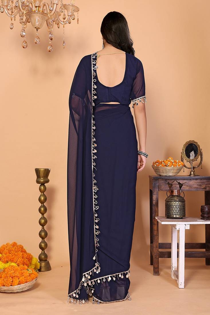 blue wedding party & festive georgette embellished saree with blouse
