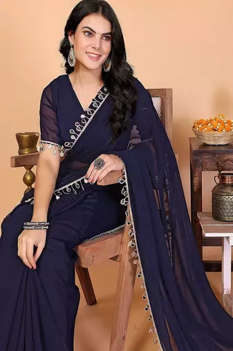 blue wedding party & festive georgette embellished saree with blouse
