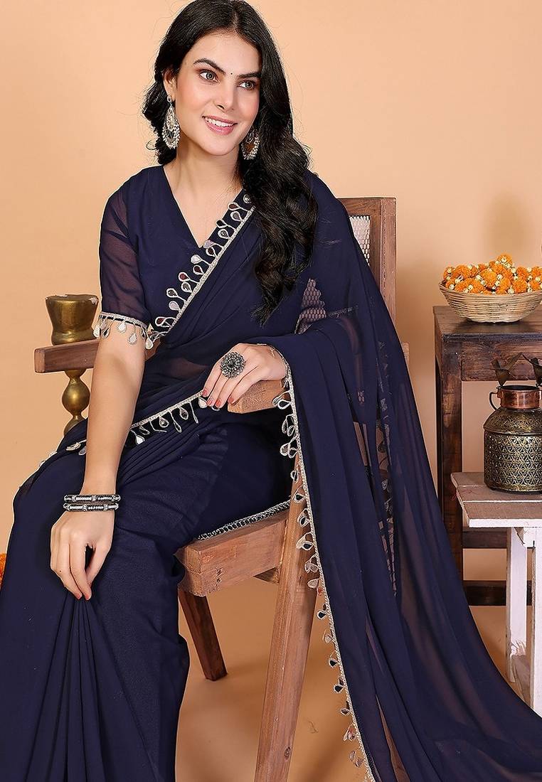 blue wedding party & festive georgette embellished saree with blouse
