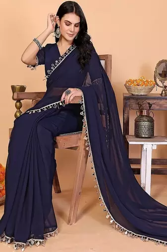 blue wedding party & festive georgette embellished saree with blouse