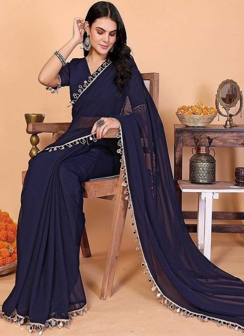 blue wedding party & festive georgette embellished saree with blouse