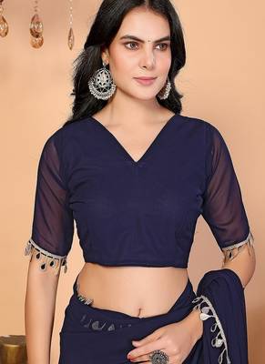 blue wedding party & festive georgette embellished saree with blouse 5