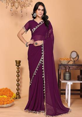 wine wedding party & festive georgette embellished saree with blouse 1