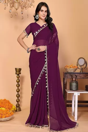 wine wedding party & festive georgette embellished saree with blouse