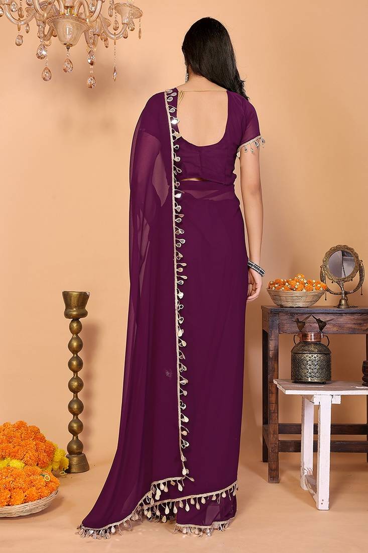 wine wedding party & festive georgette embellished saree with blouse