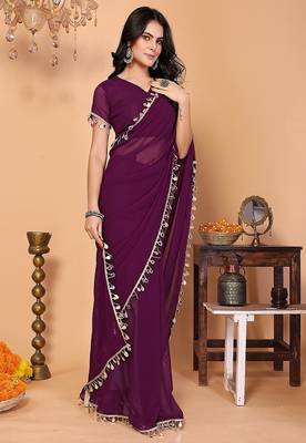 wine wedding party & festive georgette embellished saree with blouse 3