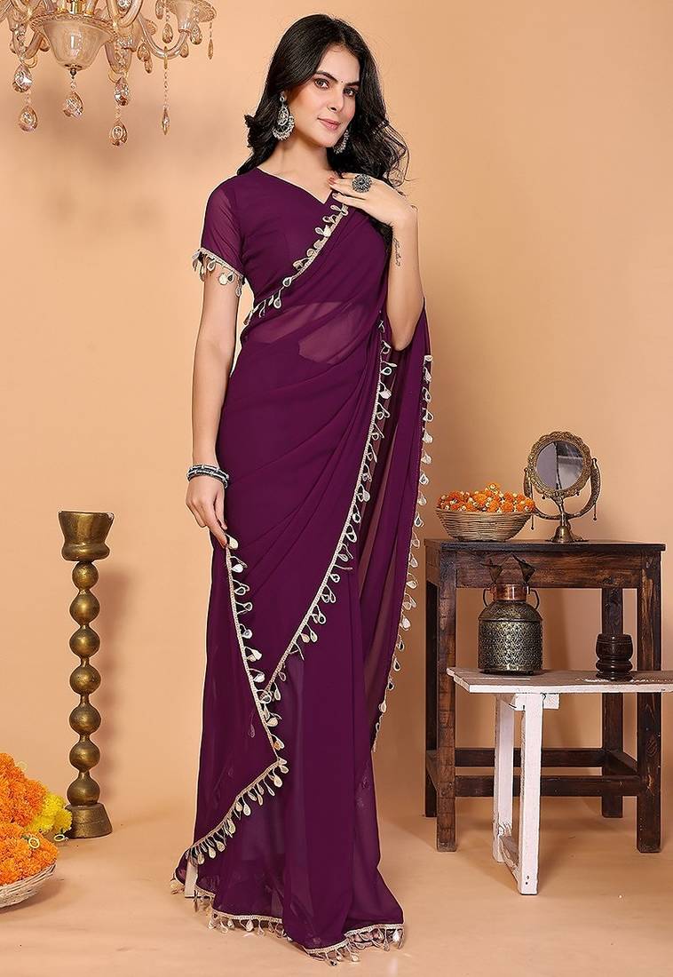 wine wedding party & festive georgette embellished saree with blouse