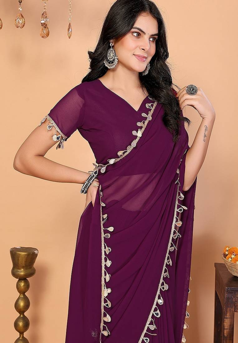 wine wedding party & festive georgette embellished saree with blouse