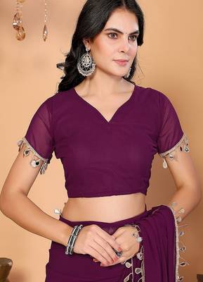 wine wedding party & festive georgette embellished saree with blouse 5