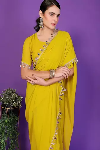yellow wedding party & festive georgette embellished saree with blouse