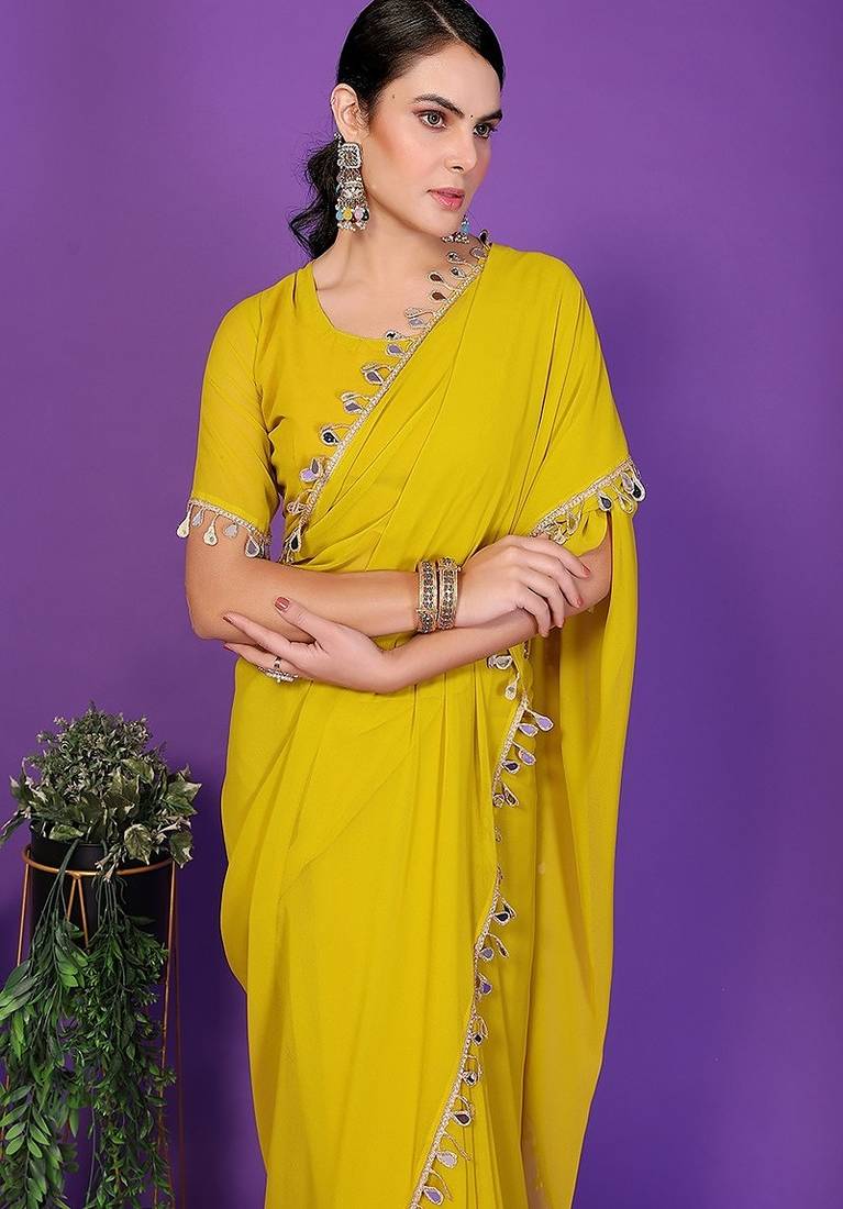 yellow wedding party & festive georgette embellished saree with blouse