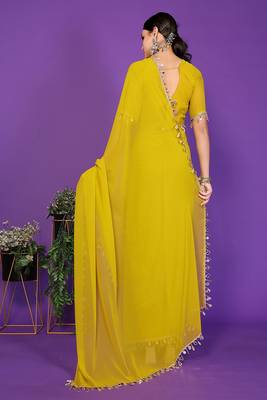 yellow wedding party & festive georgette embellished saree with blouse 3