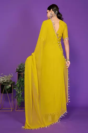 yellow wedding party & festive georgette embellished saree with blouse