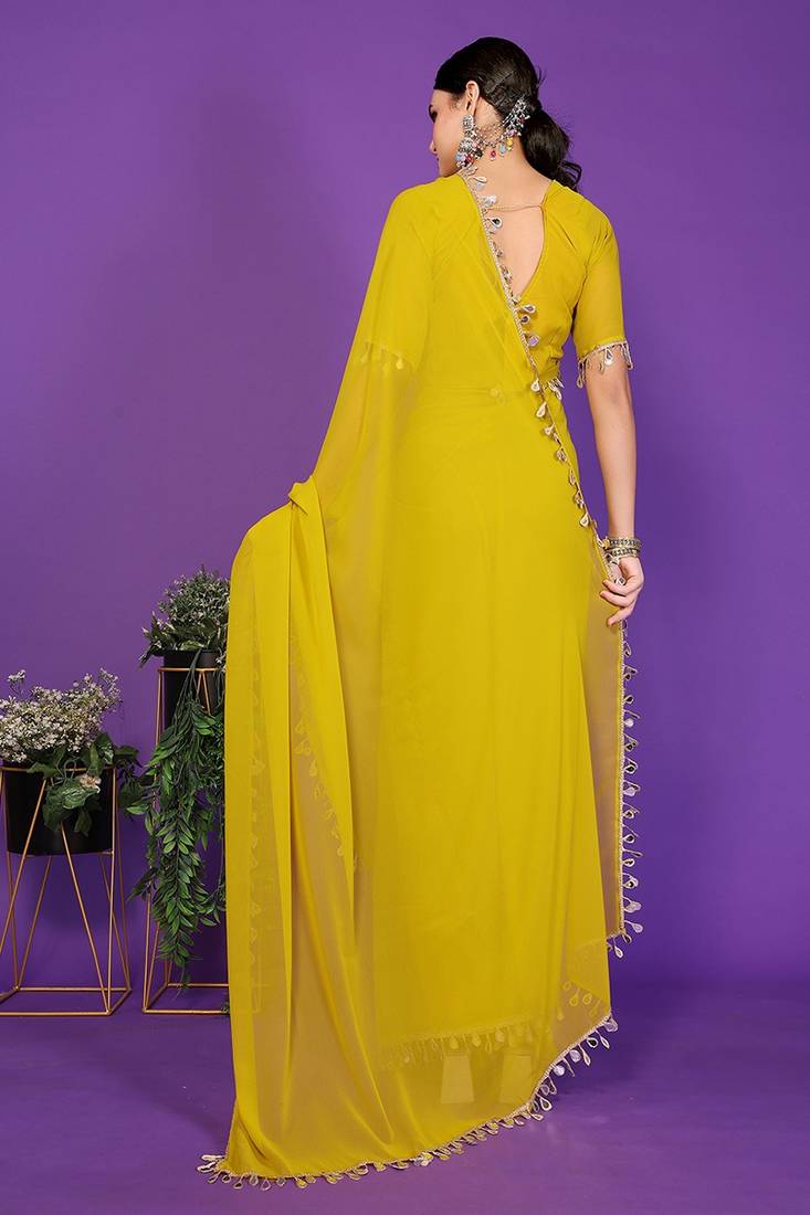 yellow wedding party & festive georgette embellished saree with blouse