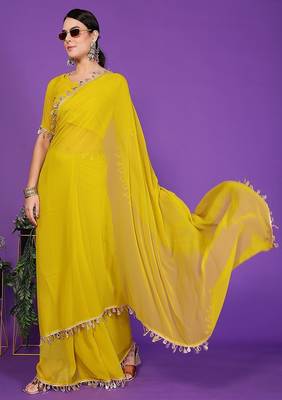 yellow wedding party & festive georgette embellished saree with blouse 1