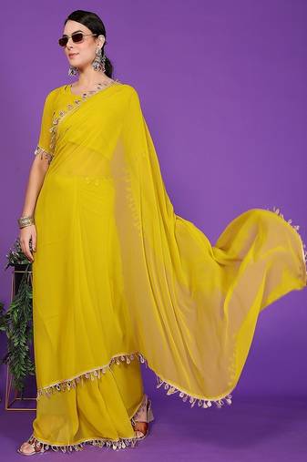 yellow wedding party & festive georgette embellished saree with blouse