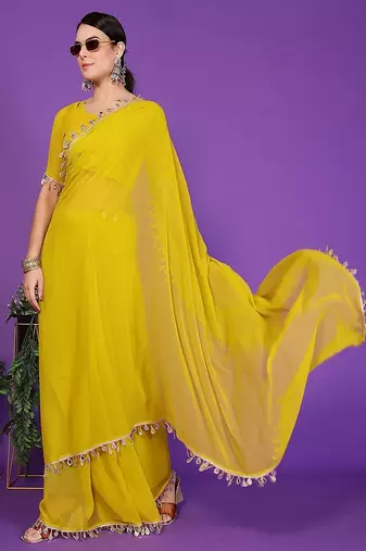 yellow wedding party & festive georgette embellished saree with blouse