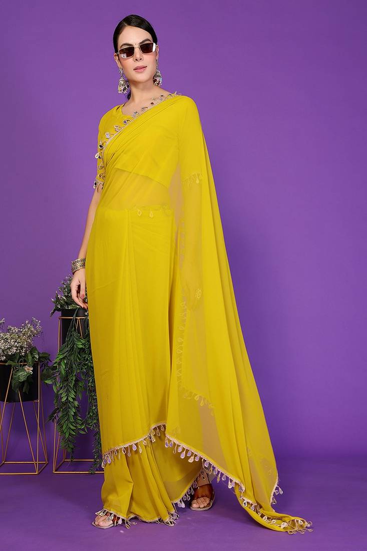yellow wedding party & festive georgette embellished saree with blouse