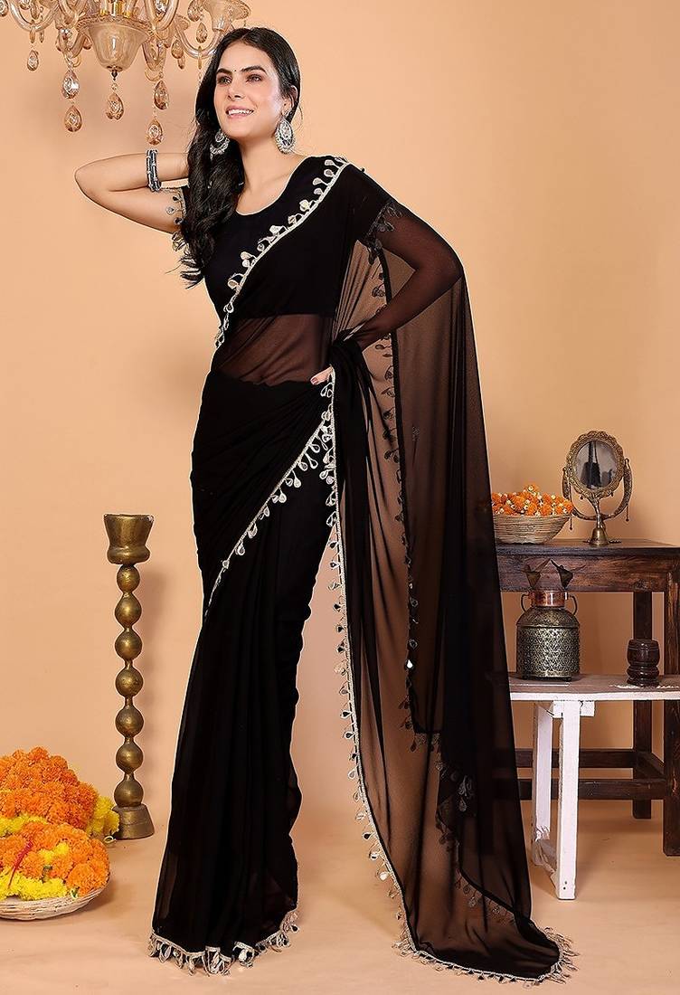 black wedding party & festive georgette embellished saree with blouse