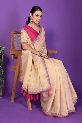 chiku wedding party & festive cotton silk embellished saree with blouse