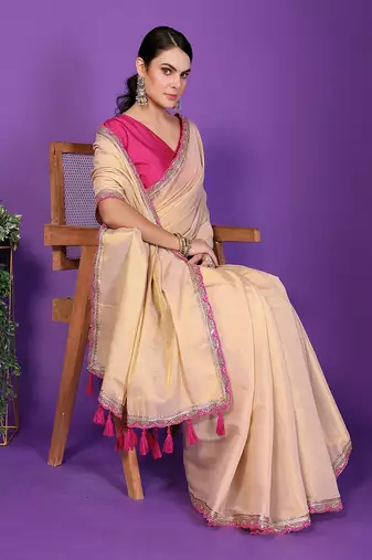 chiku wedding party & festive cotton silk embellished saree with blouse