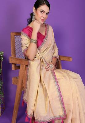 chiku wedding party & festive cotton silk embellished saree with blouse 4