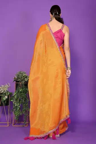yellow wedding party & festive cotton silk embellished saree with blouse