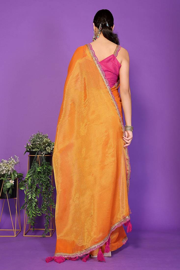 yellow wedding party & festive cotton silk embellished saree with blouse