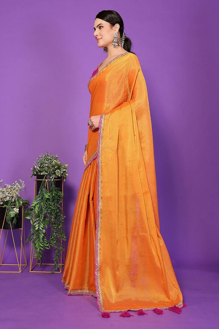 yellow wedding party & festive cotton silk embellished saree with blouse