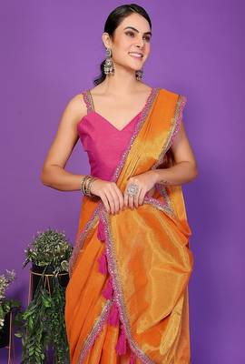 yellow wedding party & festive cotton silk embellished saree with blouse 4