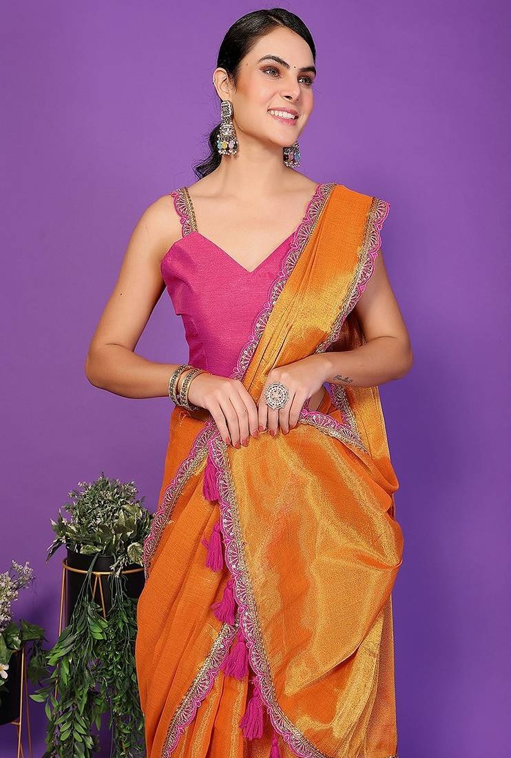 yellow wedding party & festive cotton silk embellished saree with blouse