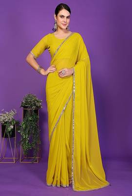 yellow wedding party & festive georgette embellished saree with blouse 1
