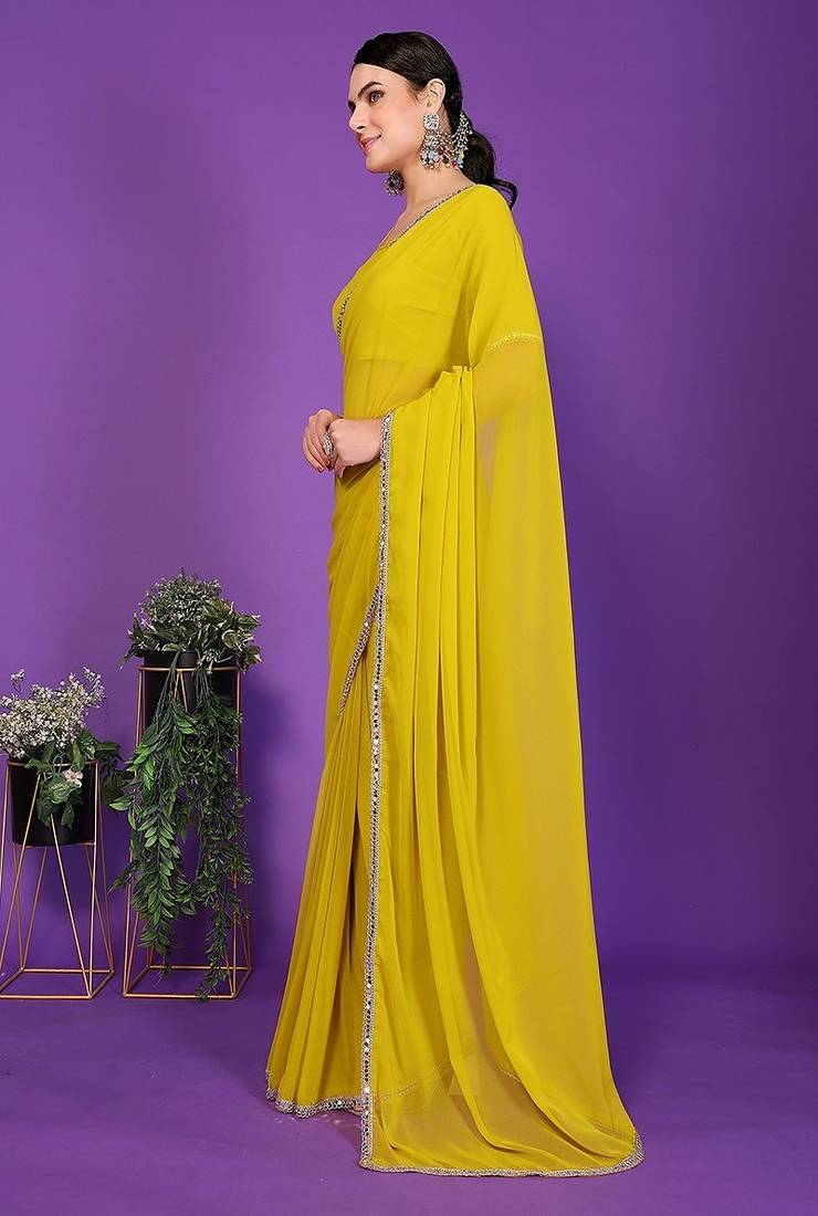 yellow wedding party & festive georgette embellished saree with blouse