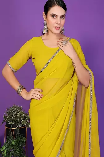 yellow wedding party & festive georgette embellished saree with blouse