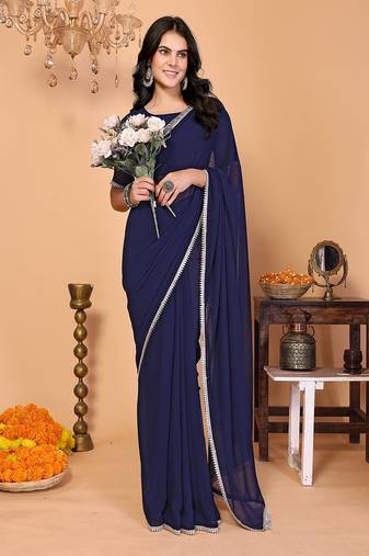 blue wedding party & festive georgette embellished saree with blouse